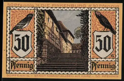 Notgeld Nordhausen a. Harz 1921, 50 Pfennig, Finkenburg und Roland-Statue mit Glocke