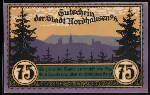 Notgeld Nordhausen a. H. 1921, 75 Pfennig, Der wilde Mann, Landschaft mit Tannen und Ortsansicht