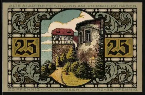 Notgeld Nordhausen a. H. 1921, 25 Pfennig, Stadtbefestigung am Primariusgraben und Figur Der Riese