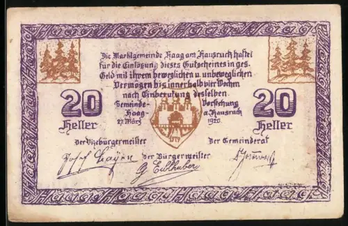 Notgeld Haag a. Hausruck 1920, 20 Heller, Torbogen und Wappen mit Burgansicht