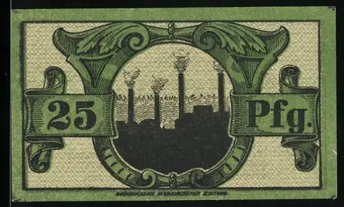 Notgeld Neunkirchen /Saar 1920, 25 Pfennig, Industriesilhouette mit rauchenden Schornsteinen