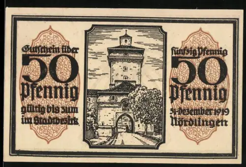 Notgeld Nördlingen 1918, 50 Pfennig, Stadttor und Wappen mit Adler