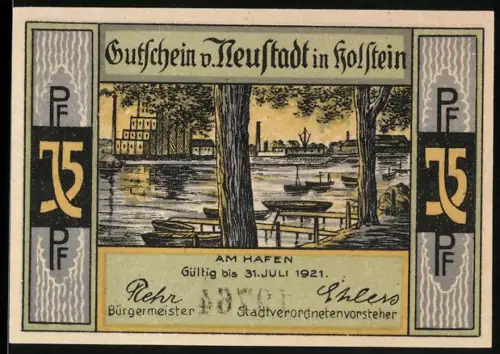 Notgeld Neustadt in Holstein 1921, 75 Pf, Hafenansicht und Ziegenreiter-Motiv