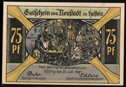 Notgeld Neustadt in Holstein 1921, 75 Pf, politisches Laboratorium und Hafenansicht