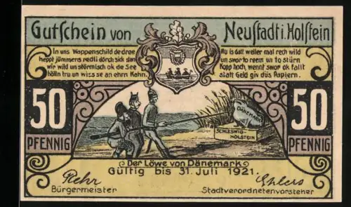 Notgeld Neustadt i. Holstein 1921, 50 Pfennig, Der Löwe von Dänemark und Ortsansicht mit Kirche