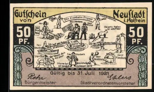 Notgeld Neustadt i. Holstein 1921, 50 Pfennig, Eisenbahn-Projekt, Rathaus am Markt