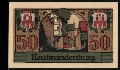 Notgeld Neubrandenburg 1921, 50, Ortsansicht mit Tor und Kirche, Vorderstadt gegründet 1248