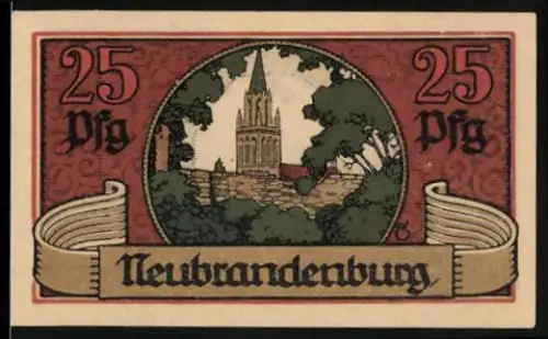 Notgeld Neubrandenburg 1921, 25 Pfennig, Ortsansicht mit Kirche und Landschaftspanorama