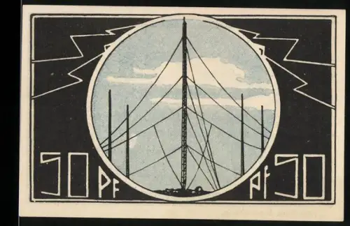 Notgeld Neustadt a. R. 1921, 50 Pf, Funkmast und Weltkarte mit Kommunikationslinien