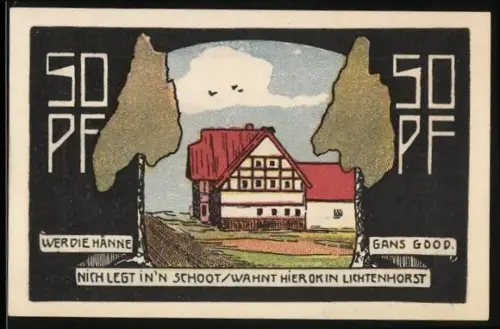 Notgeld Neustadt a. R. 1921, 50 Pfennig, Fachwerkhaus und Russenlager Lichtenhorst