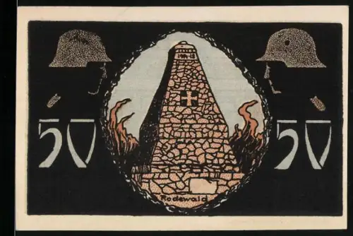 Notgeld Neustadt a. R. 1921, 50 Pfennig, Kriegerdenkmal mit Eisernem Kreuz und lateinischem Spruch auf Gebäude