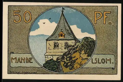 Notgeld Neustadt a. R. 1921, 50 Pfennig, Kirchturm und Landschaft mit Regenbogen