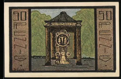 Notgeld Neustadt a. R. 1921, 50 Pfennig, Woynabrücke und Pavillon mit Skulptur