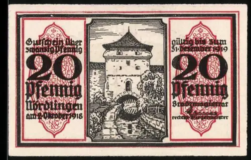 Notgeld Nördlingen 1918, 20 Pfennig, Turm mit Wassergraben und Adlerwappen