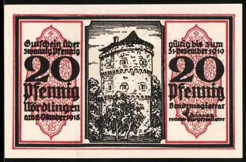 Notgeld Nördlingen 1918, 20 Pfennig, Turm und Adlerwappen