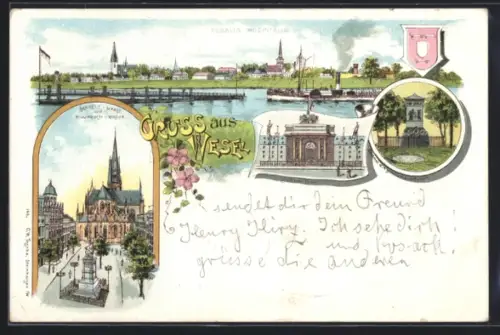 Lithographie Wesel, Rheinpartie mit Ortspanorama, Markt mit Willibrordi-Kirche, Kriegerdenkmal