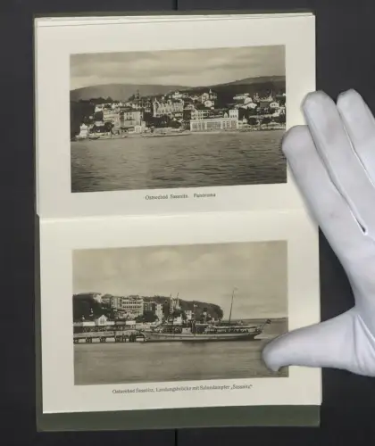 Lichtdruck Mappe, Ansicht Sassnitz, Königsstuhl, Kreidefelsen, Dampfer Sassnitz, Panorama, Fährschiff, Leuchtturm