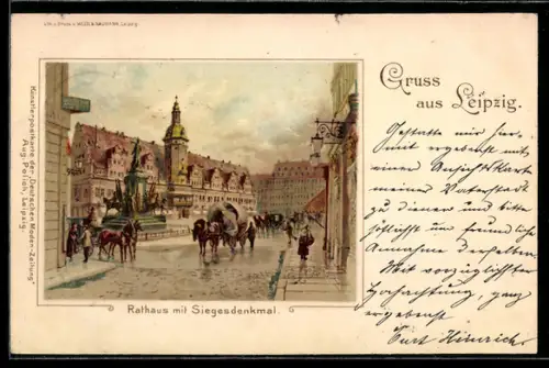 Lithographie Leipzig, Rathaus mit Siegesdenkmal