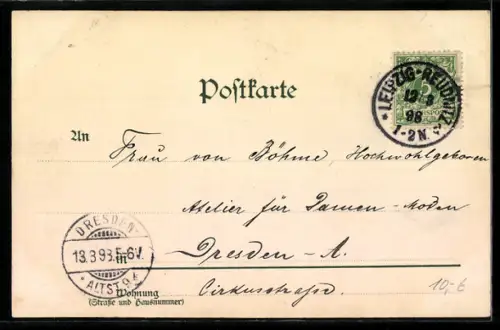 Lithographie Leipzig, Rathaus mit Siegesdenkmal