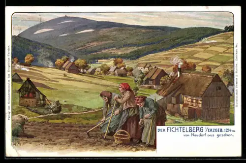 Künstler-AK Oberwiesenthal, Fichtelberg von Neudorf aus gesehen, Bäuerinnen