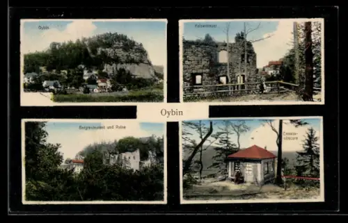 AK Oybin, Ortsansicht, Kaisermauer, Bergrestaurant & Ruine