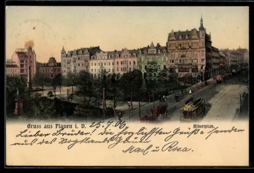 AK Plauen i. V., Albertplatz mit Strassenbahn