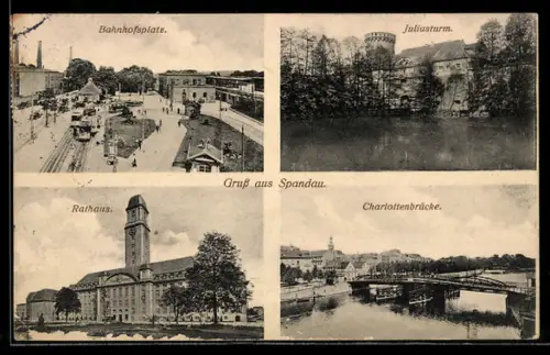 AK Berlin-Spandau, Strassenbahn am Bahnhofsplatz, Juliusturm, Rathaus