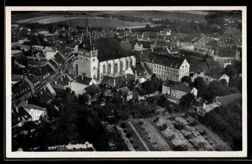 AK Lommatzsch i. Sa., Teilansicht mit Kirche, Fliegeraufnahme