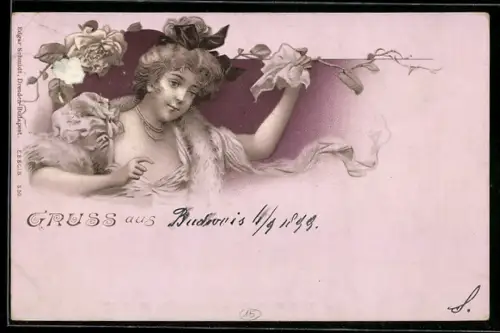 AK Junge Dame, mit Taschentuch winkend, Rose, Jugendstil