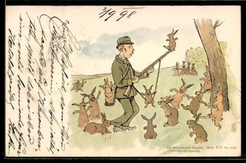 AK Jäger wird von Hasen ausgelacht, Karikatur