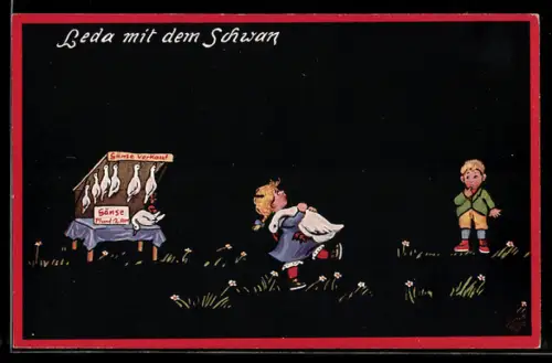 Künstler-AK Wohlgemuth & Lissner, Primus-Postkarte No. 1132 Leda mit dem Schwan, Gänse-Verkauf