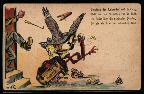 Lithographie Rauswurf eines Handelsreisenden, Storch mit Musterkoffer