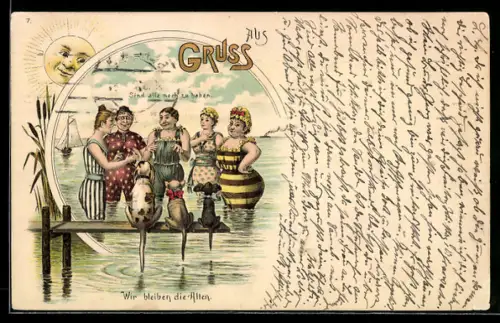 Lithographie Fünf Damen in Badekostümen werden von drei Hunden betrachtet, Badeanzug