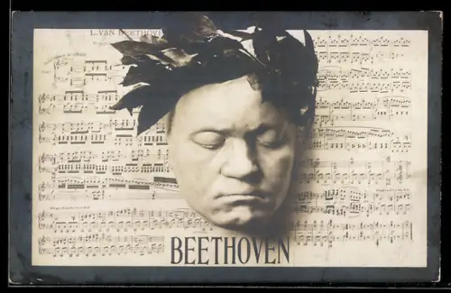 AK Totenmaske von Ludwig van Beethoven und Notenblatt
