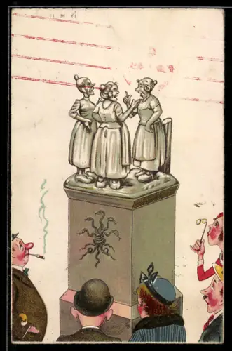 AK Statue mit drei sich streitenden Frauen
