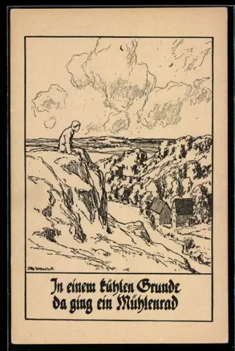 Künstler-AK Otto Ubbelohde: Mann sitzt auf einem Felsen und schaut zu einer Mühle herab