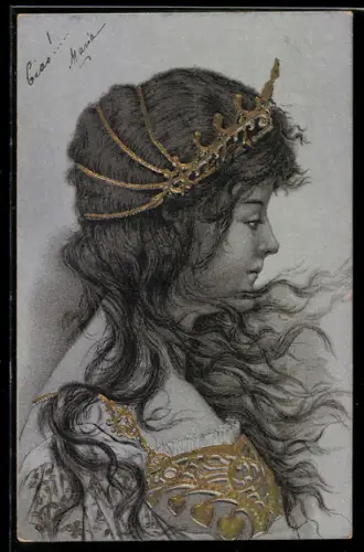 AK Junge Frau mit Kopfschmuck, Jugendstil