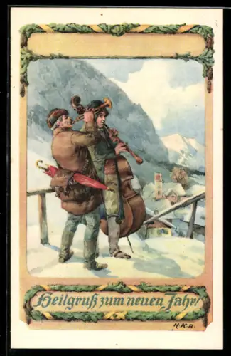 Künstler-AK Hans Kaufmann: Zwei Musikanten im Winter, Neujahrsgruss