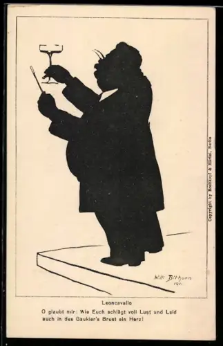 AK Schattenbild, Leoncavallo mit einem Glas