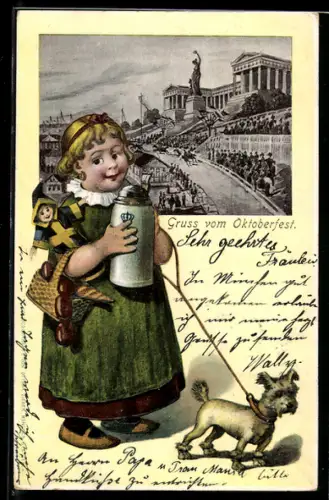 Lithographie München, Oktorberfest, Festgelände mit Bavaria, Mädchen hält Bierkrug