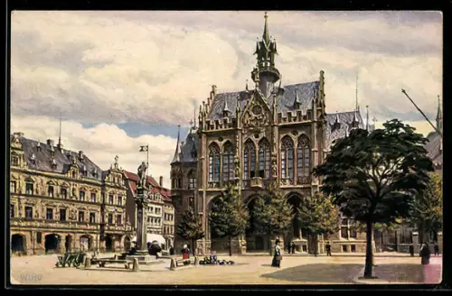 Künstler-AK Erfurt, Rathaus mit Denkmal