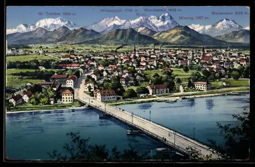 AK Rosenheim, Ortsansicht mit Brücke und Fernblick auf Wendelstein und Breitenstein