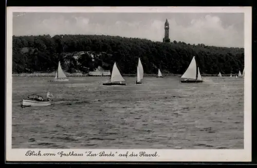 AK Berlin-Grunewald, Havelpartie am Kaiser Wilhelmturm, Segelboote