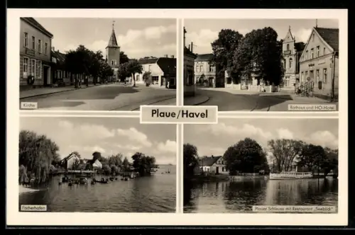 AK Plau /Havel, Kirche, Rathaus und HO-Hotel, Plauer Schleuse mit Restaurant Seeblick