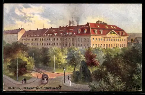 Künstler-AK Halle / Saale, Franke`sche Stiftungen und Strassenbahn