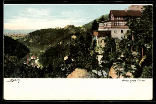 AK Oybin, Hotel auf dem Berggipfel mit Blick nach Zittau