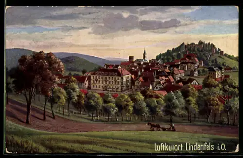 AK Lindenfels, Bauer mit Pferdepflug vor dem Ort