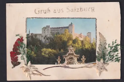 Trockenblumen-AK Salzburg, Burgansicht umrahmt von Trockenblumen