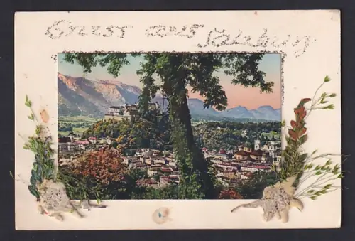 Trockenblumen-AK Salzburg, Blick auf den Ort, Trockenblumen