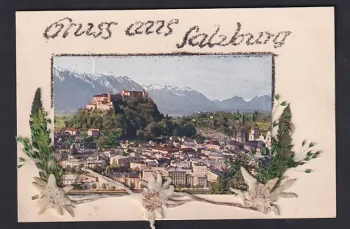 Trockenblumen-AK Salzburg, Ortsansicht mit Bergpanorama, Trockenblumen